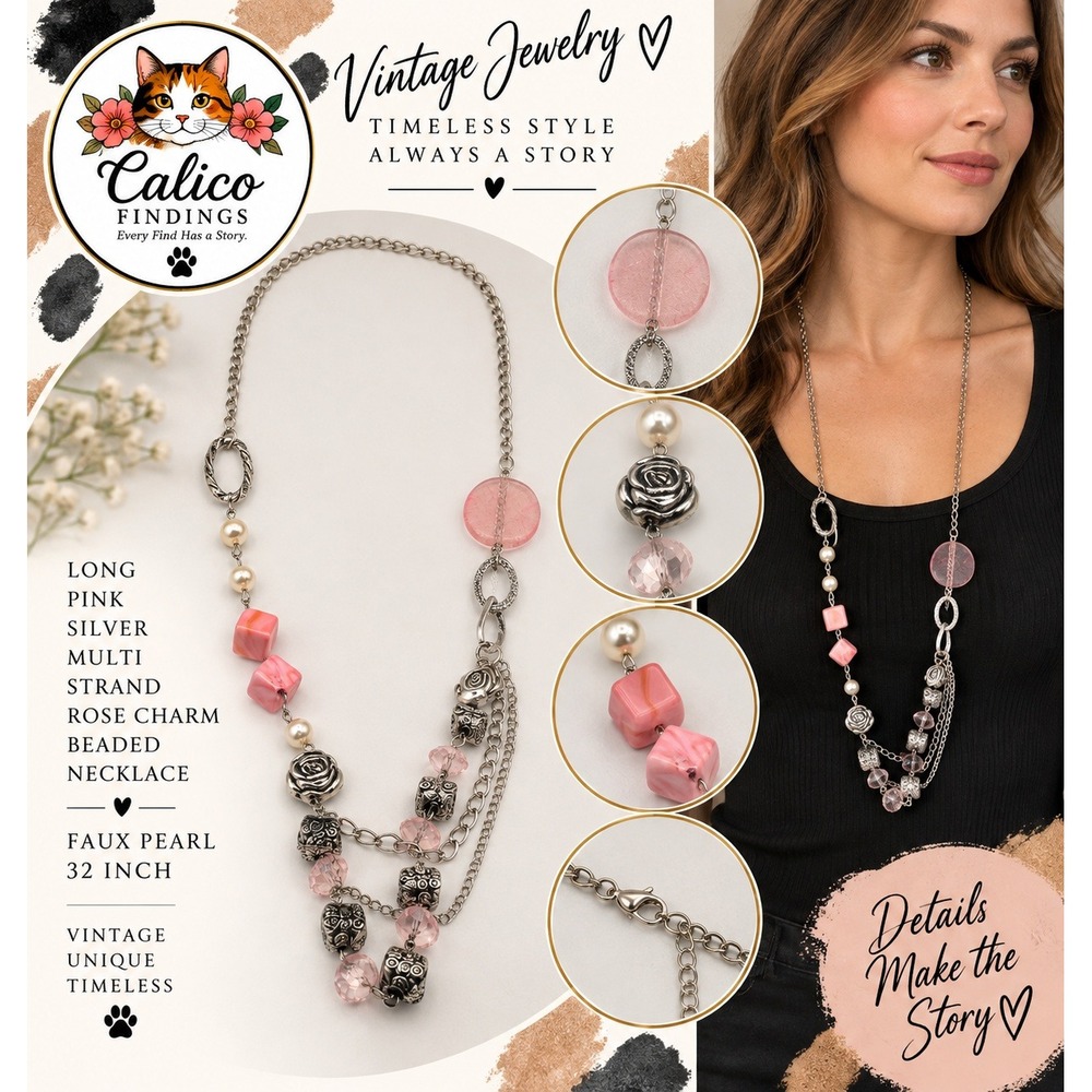 Long Pink Silver Multi Strand Rose Charm Beaded Necklace Faux Pearl 32 Inch
